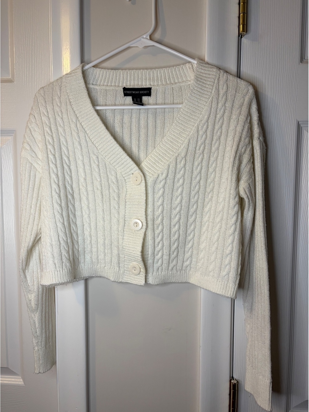 Streetwear Society Cream Cropped Cable Knit Cardigan Sweater - XS